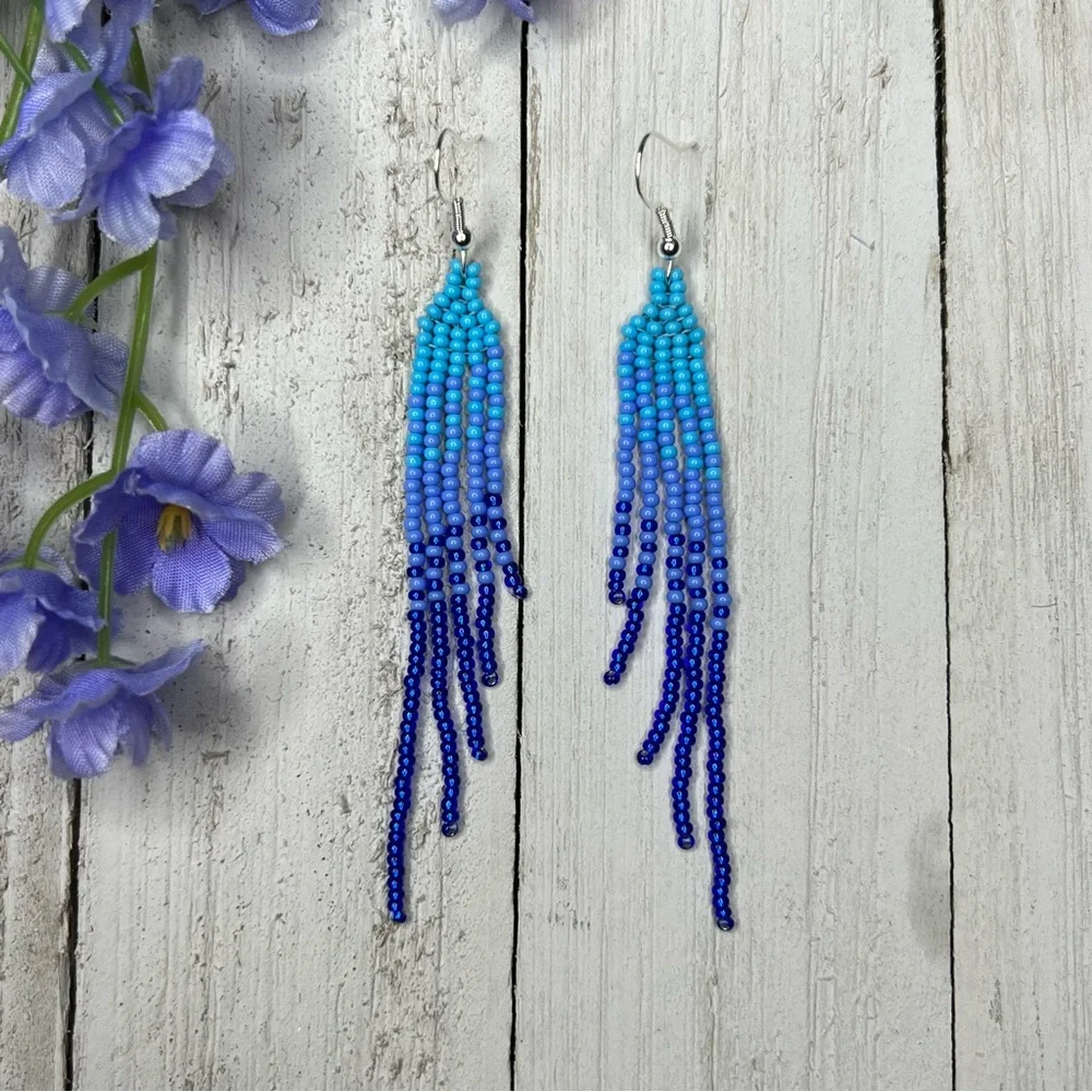 Sapphire Blue‎ Seed Beaded Earrings 3.5 inches Long Stainless Steel Ear Hook